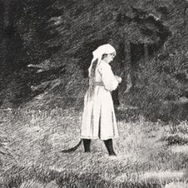 a huldra with long hair, a headcovering and a long modest dress is standing in a field. the image is black and white.