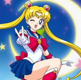 a white feminine person with long blonde pigtails, blue eyes and a sailor school uniform with white gloves is smiling and giving a peace sign to the camera. the background in blue with a crescent moon and stars.