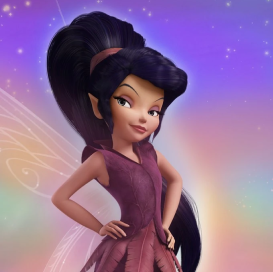 a white feminine person with long black hair put in a high ponytail, green eyes, translucent fairy wings, and a purple outfit made from leaves is posing smugly at the camera. the background is a purple to ping gradient with sparkles.